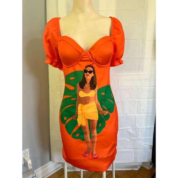 SHEIN Dresses & Skirts - Orange Tropical Graphic Bustier Mini Dress Puff Sleeve Sweetheart Neck Bodycon
